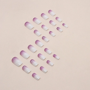 Purple ombre press-on nails with silver glitter details and short square shape design