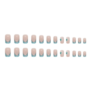 Blue glitter French press-on nails set with 3D white flowers and green beads decor
