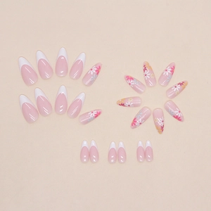 White French almond press-on nails with sweet pink daisy floral patterns, 24 piece set