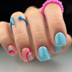 Press On Nails Short Square Sky Blue Wave Pattern Glossy Wearable Artificial False Fingernails For Women