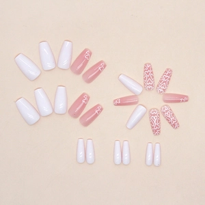 Elegant white heart pattern coffin press-on nails set in minimalist ballet style
