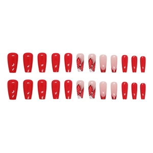 Classic red and nude pink ballet press-on nails with bow designs and French tips