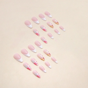 French white almond fake nails with colorful daisy floral patterns for sweet girls