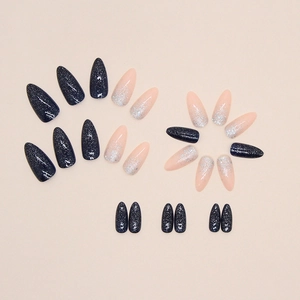 Sparkling navy blue and nude pink gradient almond-shaped press-on nails with fine glitter