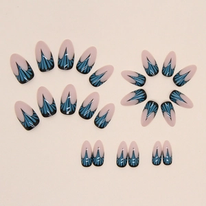 Almond fake nails featuring nude base and dark teal feather water drop patterns
