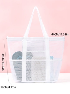 Mesh beach tote bag showing interior storage capacity and dimensions of 44x34x12 cm