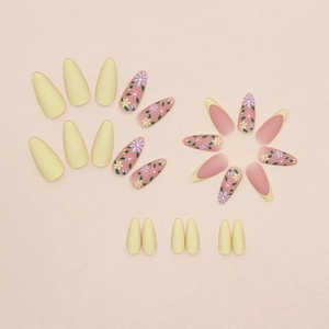 Matte pale yellow floral press-on nails with French tip stiletto design for women