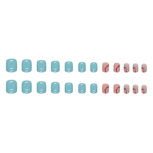 Short wave pattern press on nails in light blue and nude shades with colorful wavy art