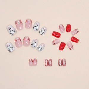 Short ballet festive red Christmas fake nails with glitter and cute reindeer designs