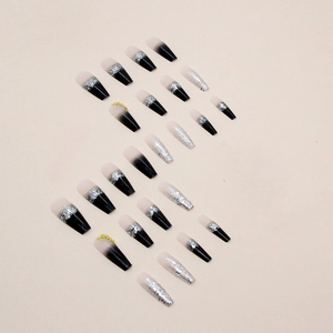 Long coffin press-on nails with black and silver ombre gradient and sparkling glitter