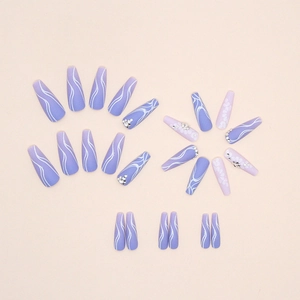 Long ballet press-on nails in taro purple gradient with 3D waves and sparkling rhinestones