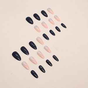 Navy blue glitter gradient almond press-on nails with 24 pieces of shimmering artificial tips