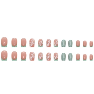 French tip sunflower press-on nails with mint green glitter and daisy floral patterns