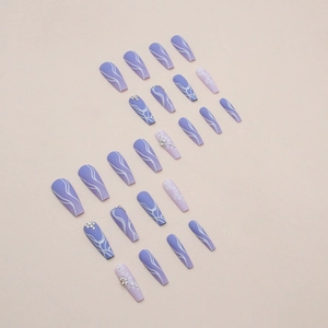 Elegant purple gradient coffin press-on nails with white wave patterns and rhinestones