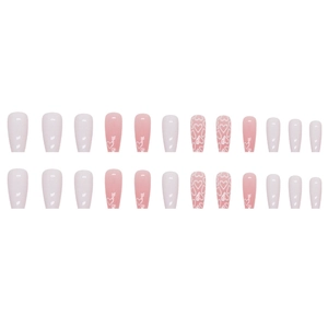 Chic pink and white heart pattern press-on ballet nails 24pcs coffin false nail set
