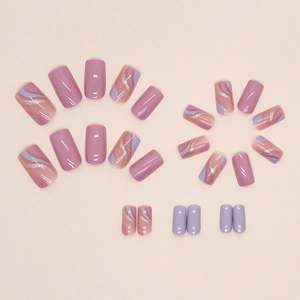 Pink and purple press-on nails with glitter wave patterns and square nail tips