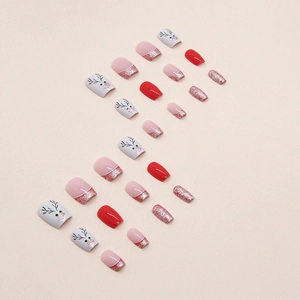 Short ballet festive red Christmas reindeer press-on nails with silver glitter designs
