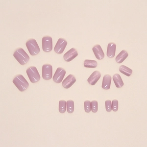 Short lavender press-on nails with aurora glitter and glossy finish in square shape