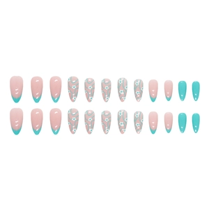 French almond press-on nails with blue vine floral patterns and glossy pink finish