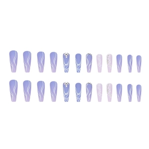 Long ballet press-on nails in purple gradient with white swirls and diamond accents