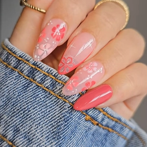 Unghie Finte a Pressione a Forma di Mandorla con Fiori di Ciliegio Rosa Sfumato Floreale Francese per Donna Manicure Quotidiana Unghie Decorative
