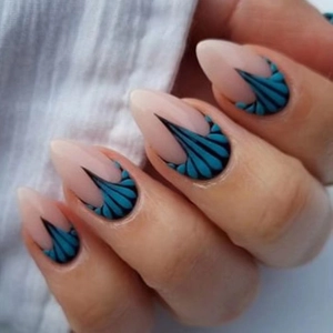 Press On Nails Almond Shape Light Blue Fish Tail Pattern French Style Water Drop Texture Plastic Artificial Manicure