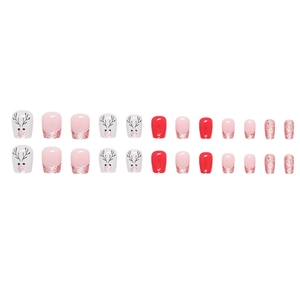 Short festive red Christmas reindeer press-on nails with glitter and ballet style