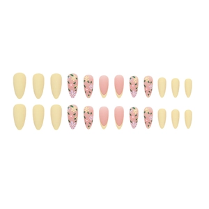 Matte almond press-on nails with yellow french tips and floral hand-painted designs