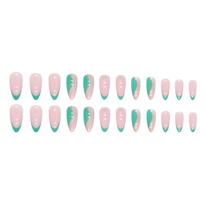 Faux ongles amande rose et vert forêt avec lignes dorées ondulées et paillettes