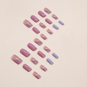 Pink and purple wave pattern press-on nails with silver glitter details, 24 piece set