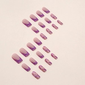 Purple marble gradient press-on nails in long square shape with glitter accents