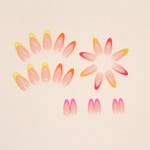 Vibrant rainbow French tip almond press-on nails set in bright summer colors