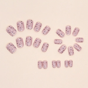 24pcs short round square press-on nails with pink base and silver glitter dot patterns