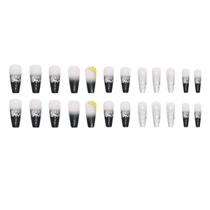 Long ballet black and white gradient press-on nails with silver glitter and tiny rhinestones
