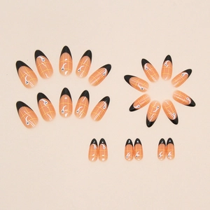 Halloween almond fake nails with orange plaid patterns and cute white ghosts