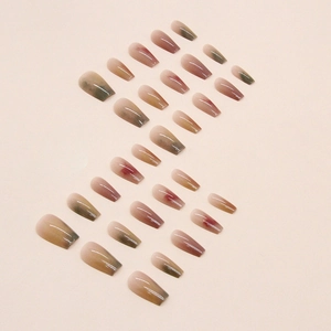 Short ballerina press-on nails with colorful gradient ombre effect in morandi tones