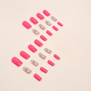 Barbie pink daisy press-on nails with black abstract curves in square shape for women