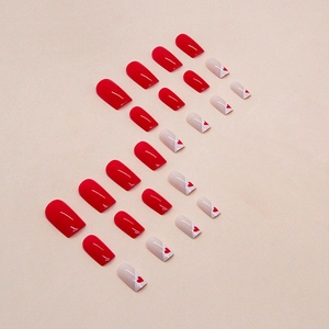 French rose red heart press-on nails in medium square shape with glossy finish