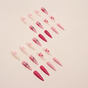 Faux ongles stiletto roses avec motifs cœur et étoile, kit de manucure de 24 pièces pour femme