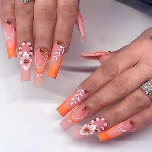 Faux Ongles à Presser Long Cercueil Rouge Orangé Dégradé Français Avec Fleurs Strass Style Ins Paillettes pour Femmes