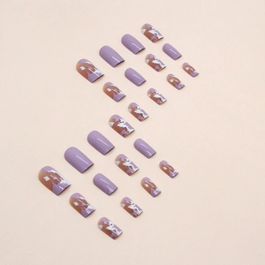Lavender cow print medium-long trapezoid press-on nails set with wavy S-curve layout