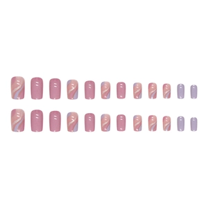 Pink and violet press-on nails set with elegant marble waves and silver glitter