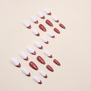 Sparkly red glitter and white French tip almond shaped press-on nails set for women