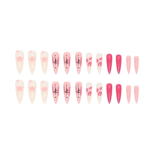 Kit de faux ongles stiletto rose et blanc avec paillettes, étoiles et motifs d'amour