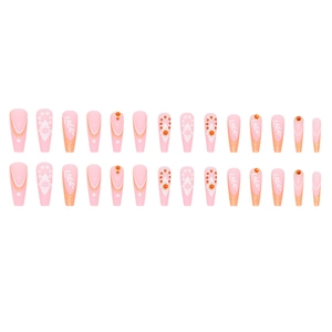 Lot de 28 faux ongles Coffin longs avec dégradé pailleté orange et fleurs strass