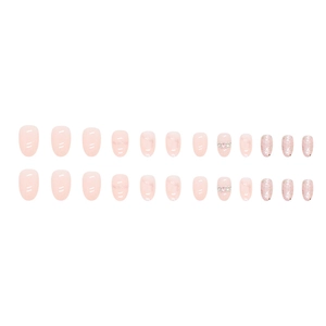 Pink oval press-on nails set with glitter marble pattern and faux pearl diamond accents