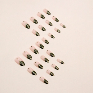 Unghie finte a mandorla French verde oliva con linee dorate e motivi glitter a diamante