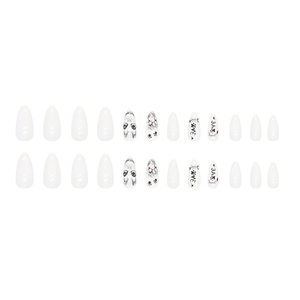 Cat-themed almond press-on nails in black and white with 24 pieces and love graphics