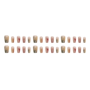 Short ballet ombre press-on nails with marble texture in beige, brown, and crimson tones