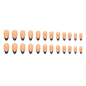 Halloween almond press-on nails with orange plaid patterns and cute white ghost designs